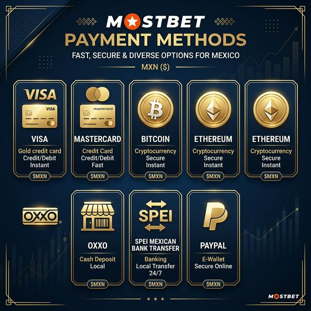 Métodos de pago Mostbet México - OXXO, SPEI, Visa, cripto